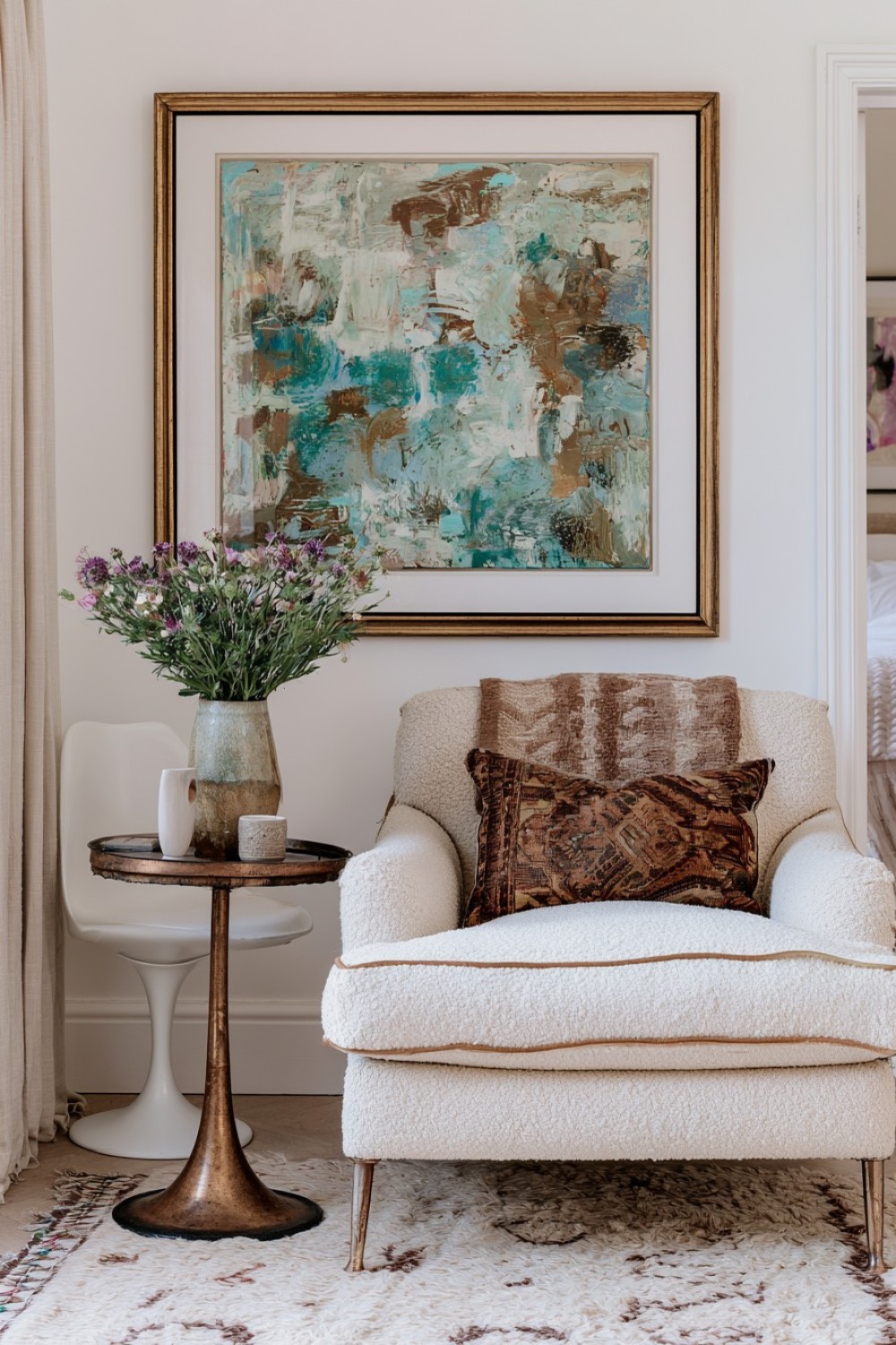 Eclectic bedroom reading corner with contrasting furniture styles