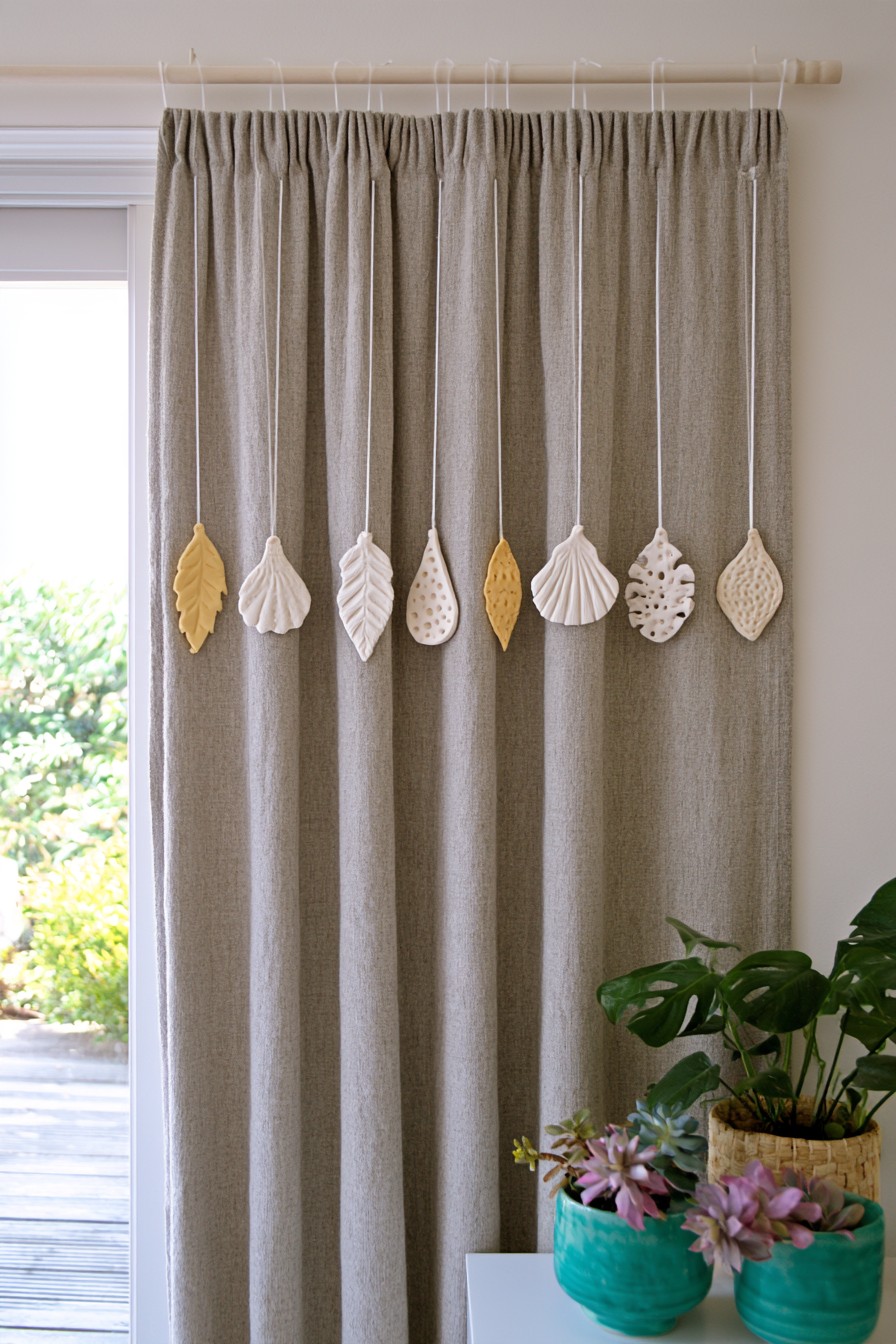 Botanical clay charms hanging from cords in front of a neutral curtain