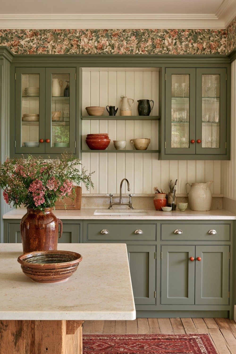 Beadboard lining inside open cottage kitchen cabinets