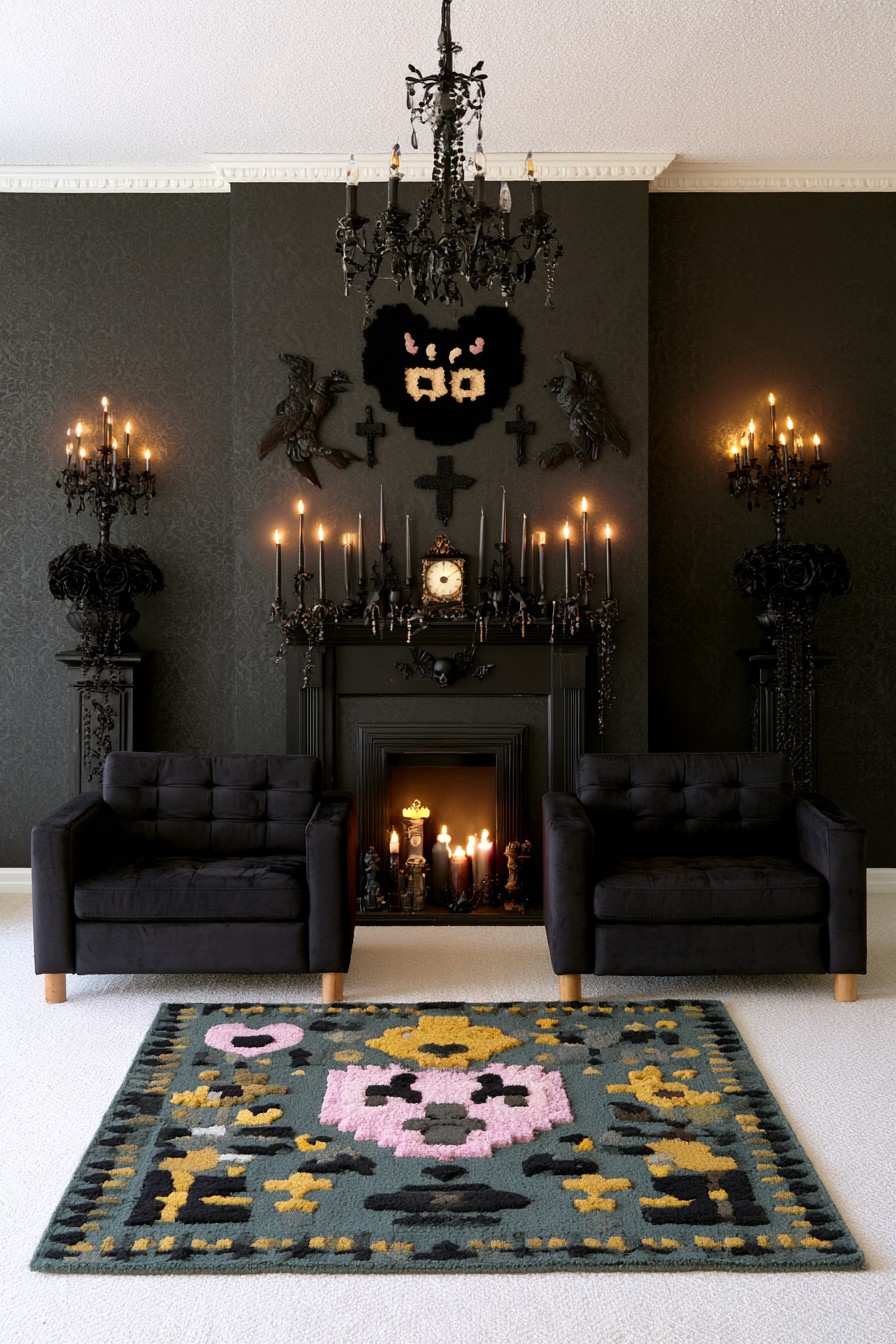 Two charcoal chairs in a symmetrical Gothic room with a fireplace, dark chandelier, wall ornaments, and a colored medallion rug