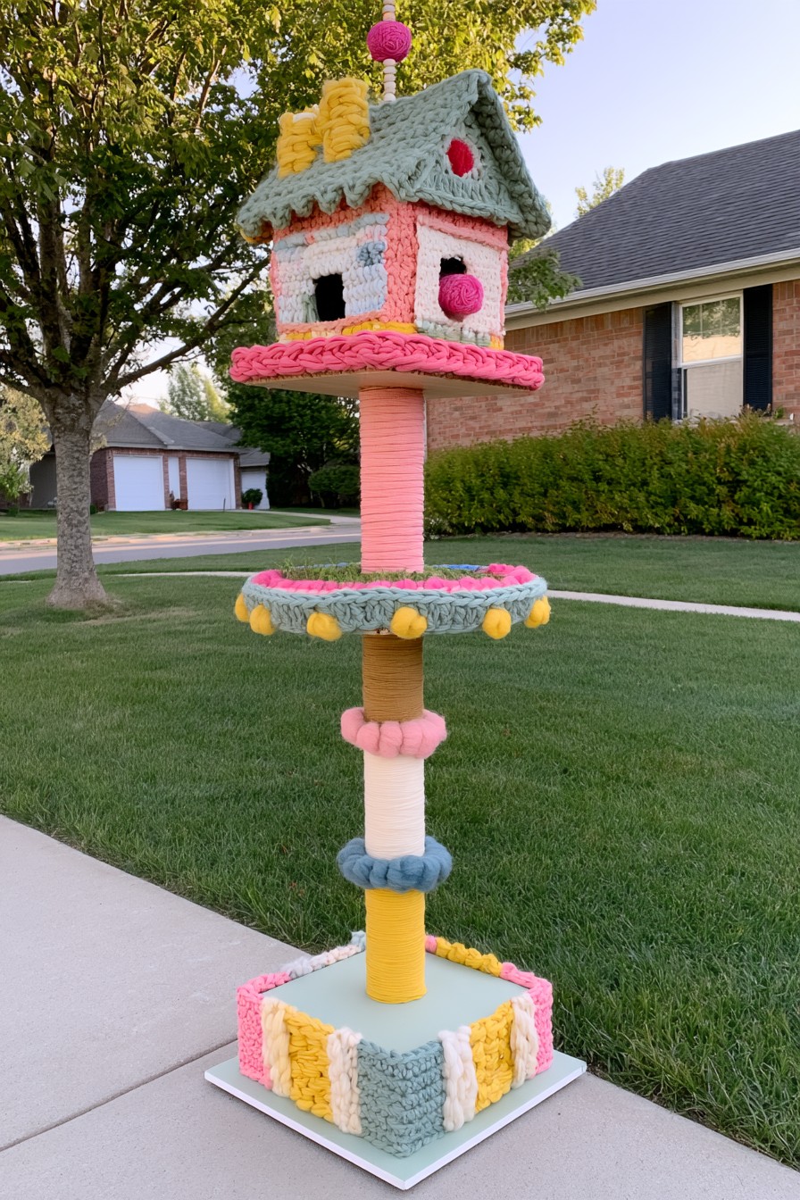Birdhouse stand accented with colorful crochet and yarn wrapping