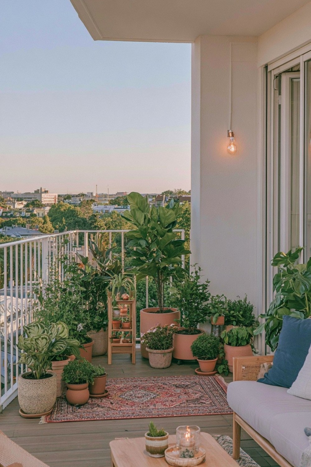 Apartment balcony with a layered green planting corner