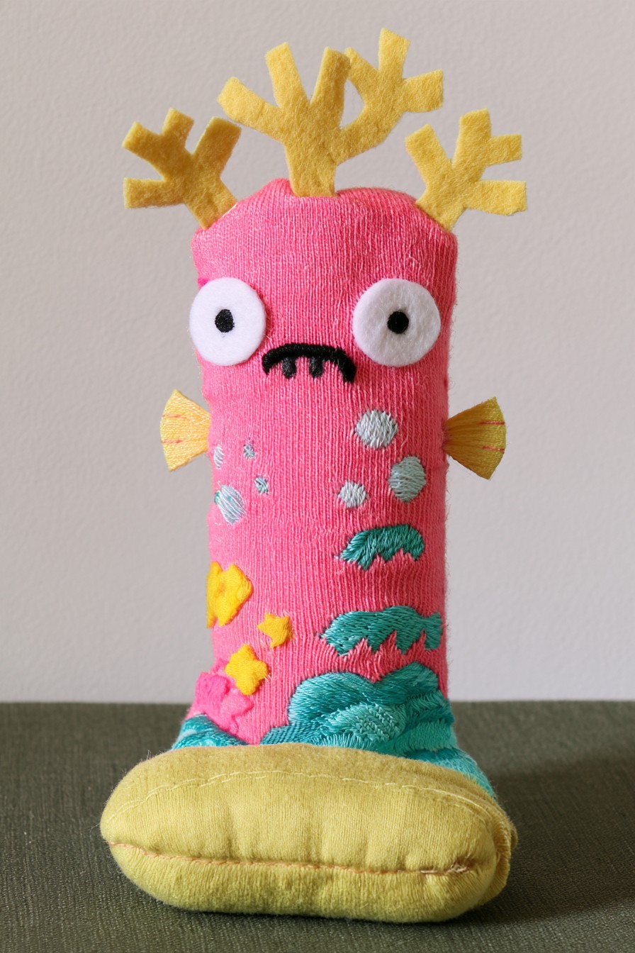 Pink reef character with yellow branching coral shapes, side fins and embroidered sea plants