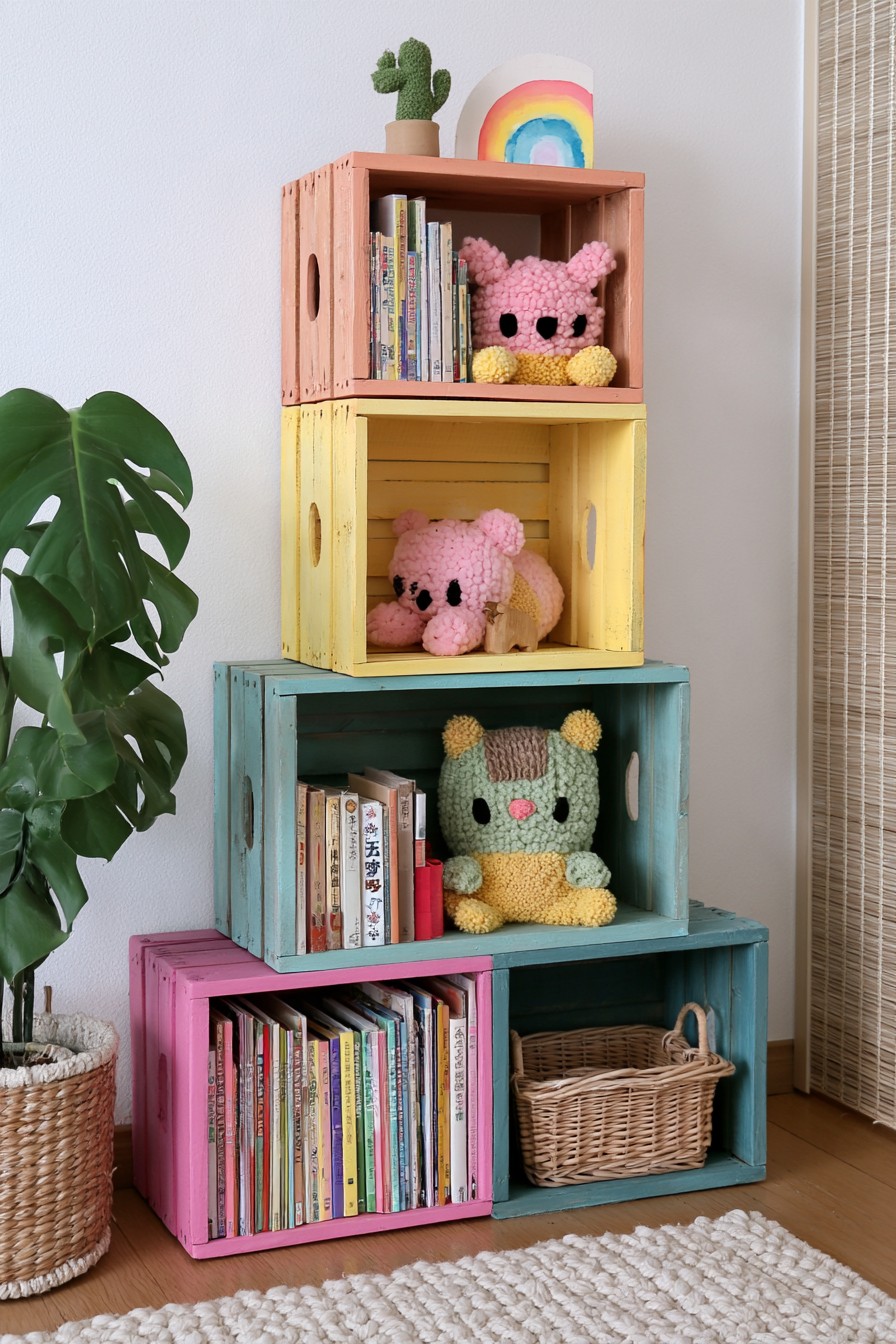 Stacked wooden crate shelves painted coral yellow teal pink and blue green