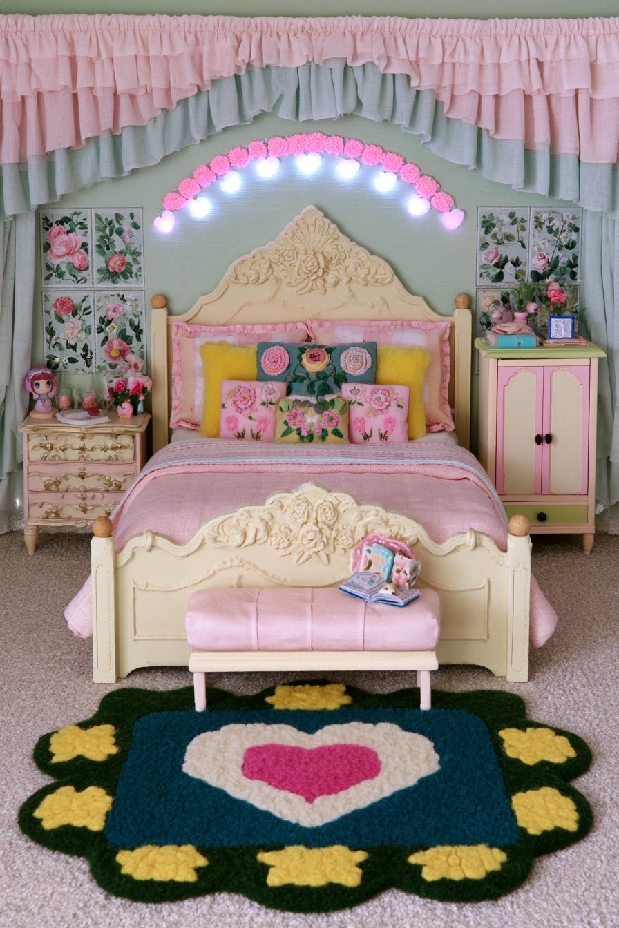 Rose garden princess bedroom with floral canopy details and classic bed