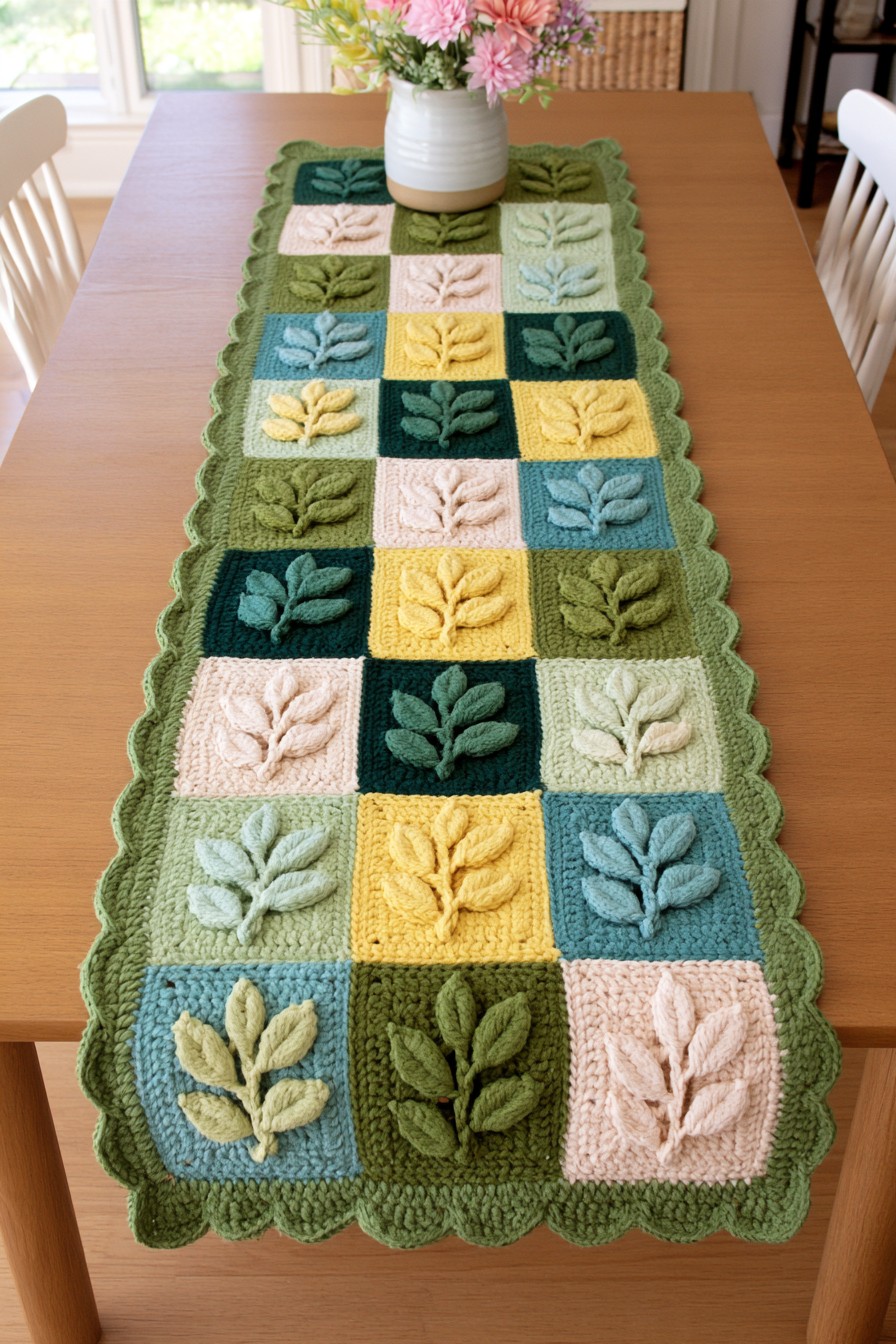 Botanical crochet table runner with raised green leaf motifs