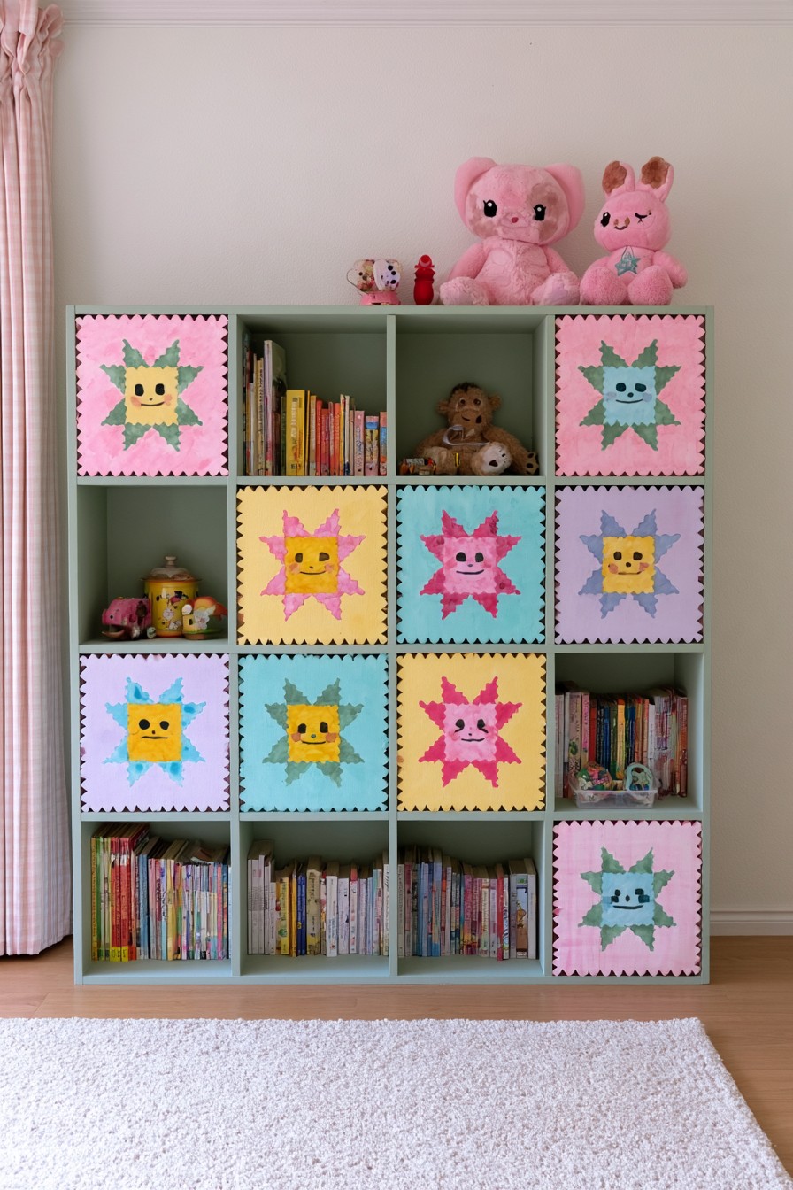 Sage cube storage unit with pink yellow lavender and aqua painted character panels