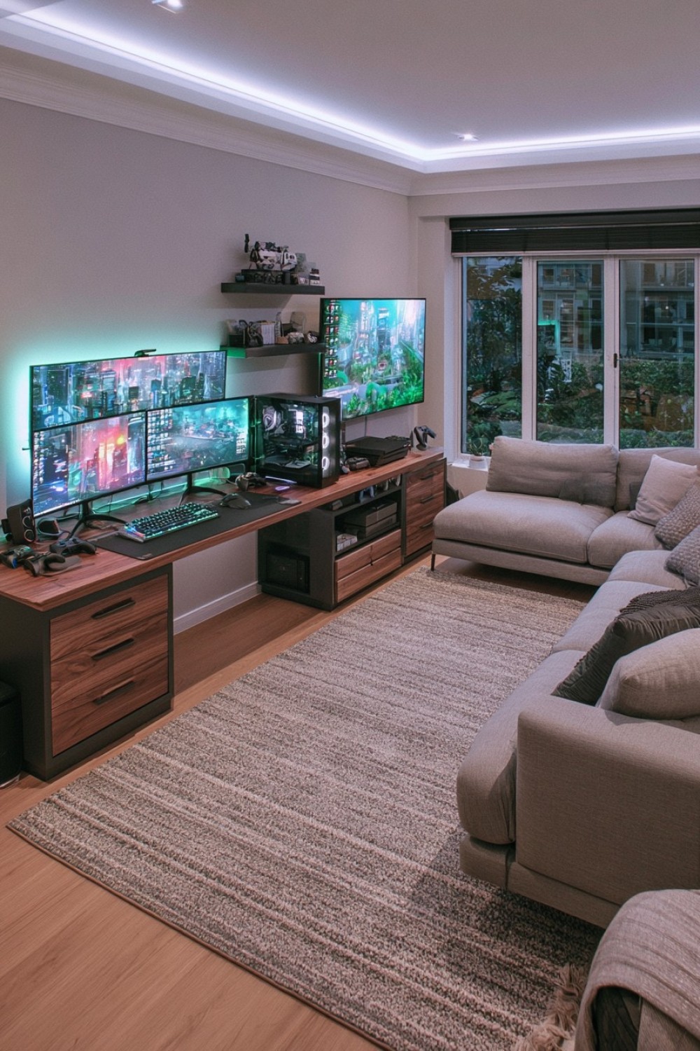 Compact gaming room combining a PC desk and sofa