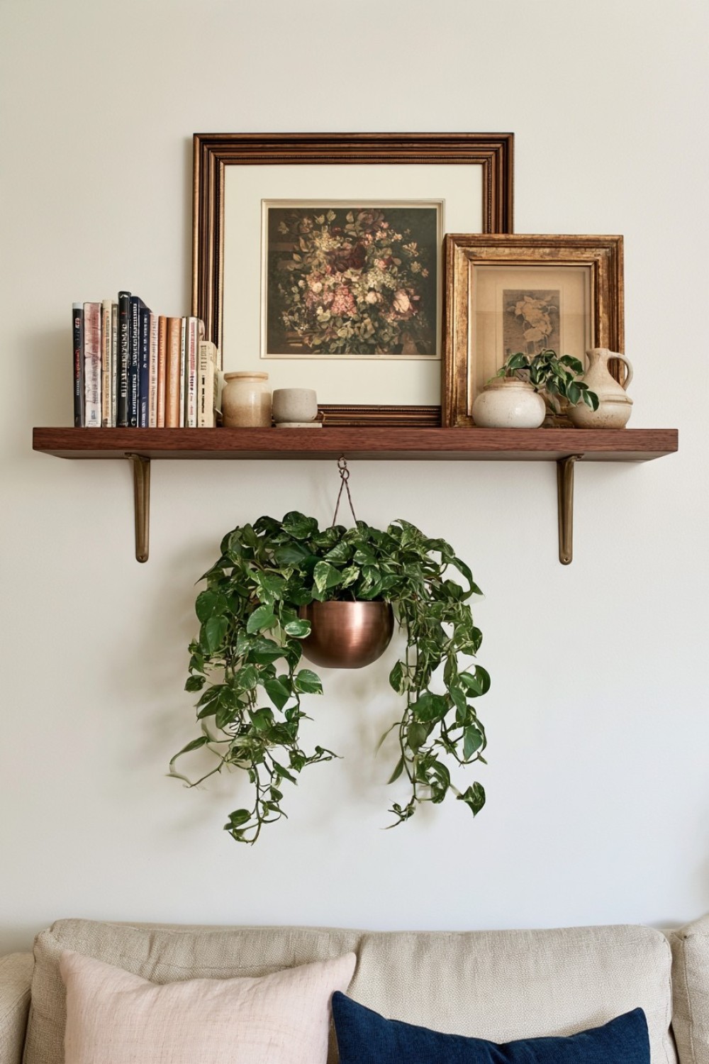 7. Hanging Planter Suspended Beneath A Floating Shelf
