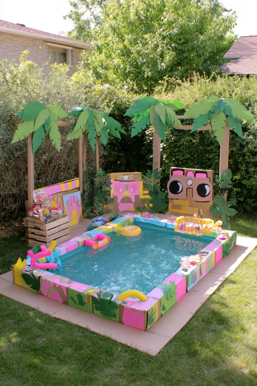 Jungle-themed pool with palm-shaped cutouts, an animal panel, and bright striped edging