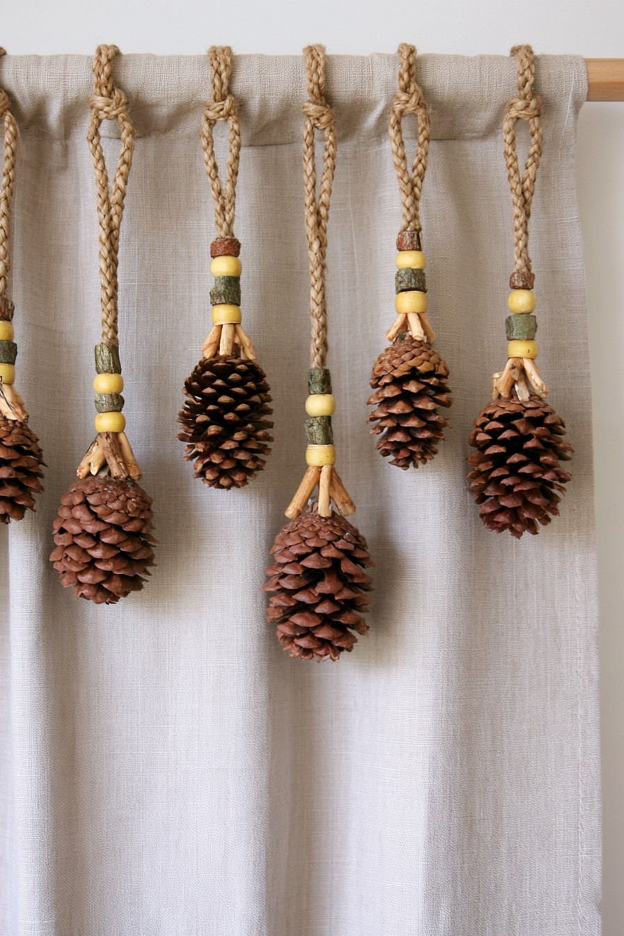 Pinecones and beads hanging on braided cord loops from a curtain rod