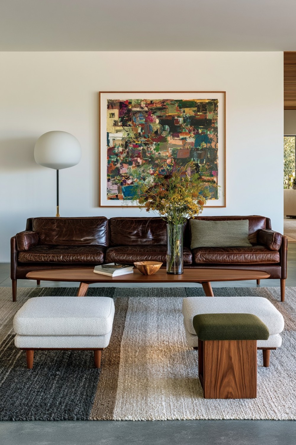 Cognac leather and soft gray mid-century living room palette