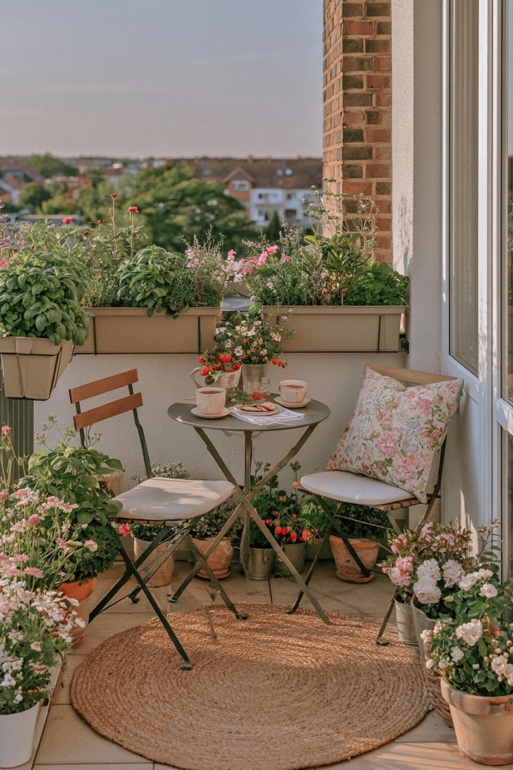 Apartment balcony tea garden with edible herbs