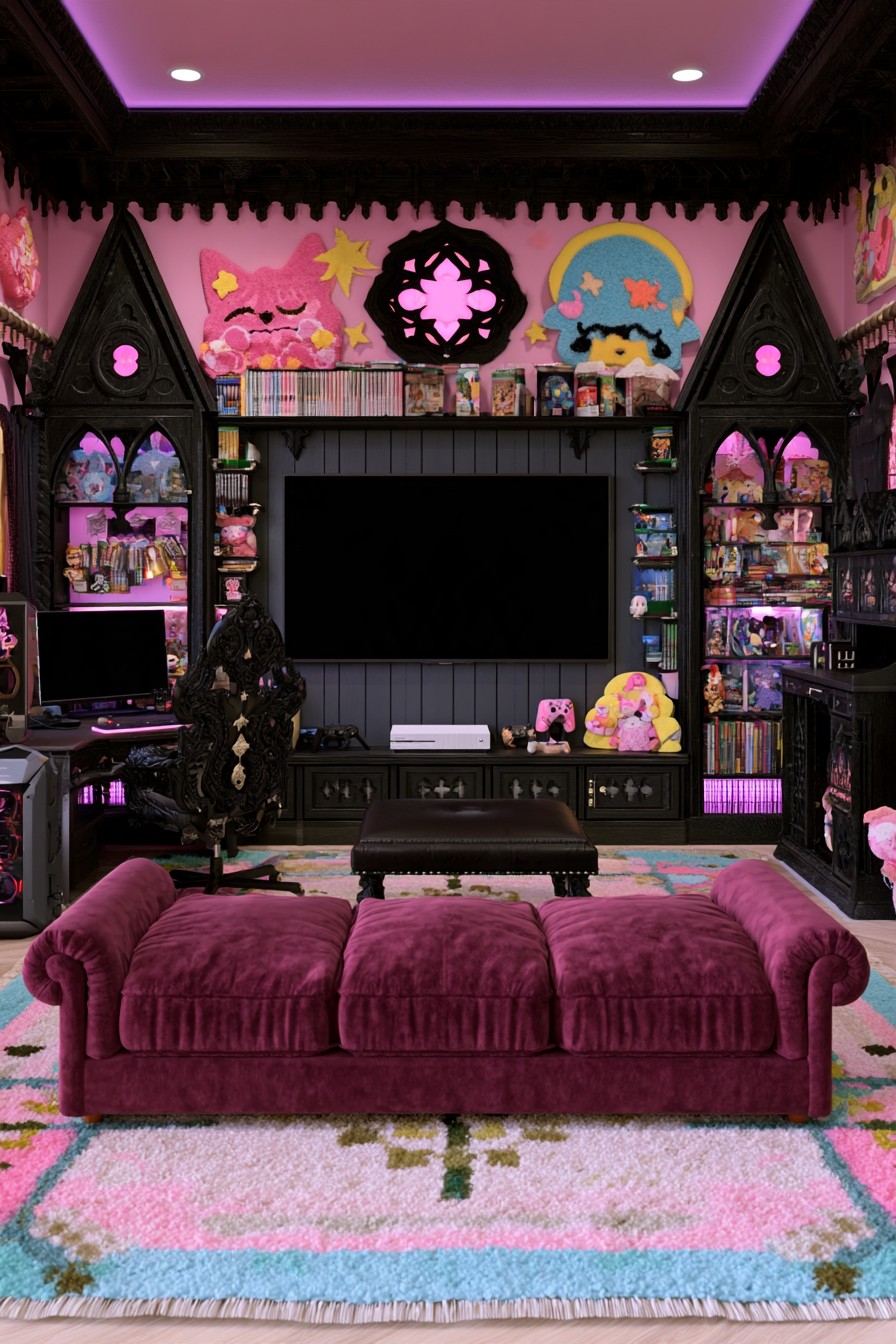 Dark Gothic game shelves with pointed tops around a television, ornate desk chair, and plum sofa