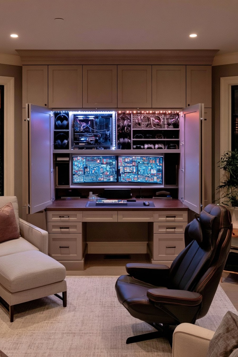 Gaming computer and screens concealed behind custom cabinetry
