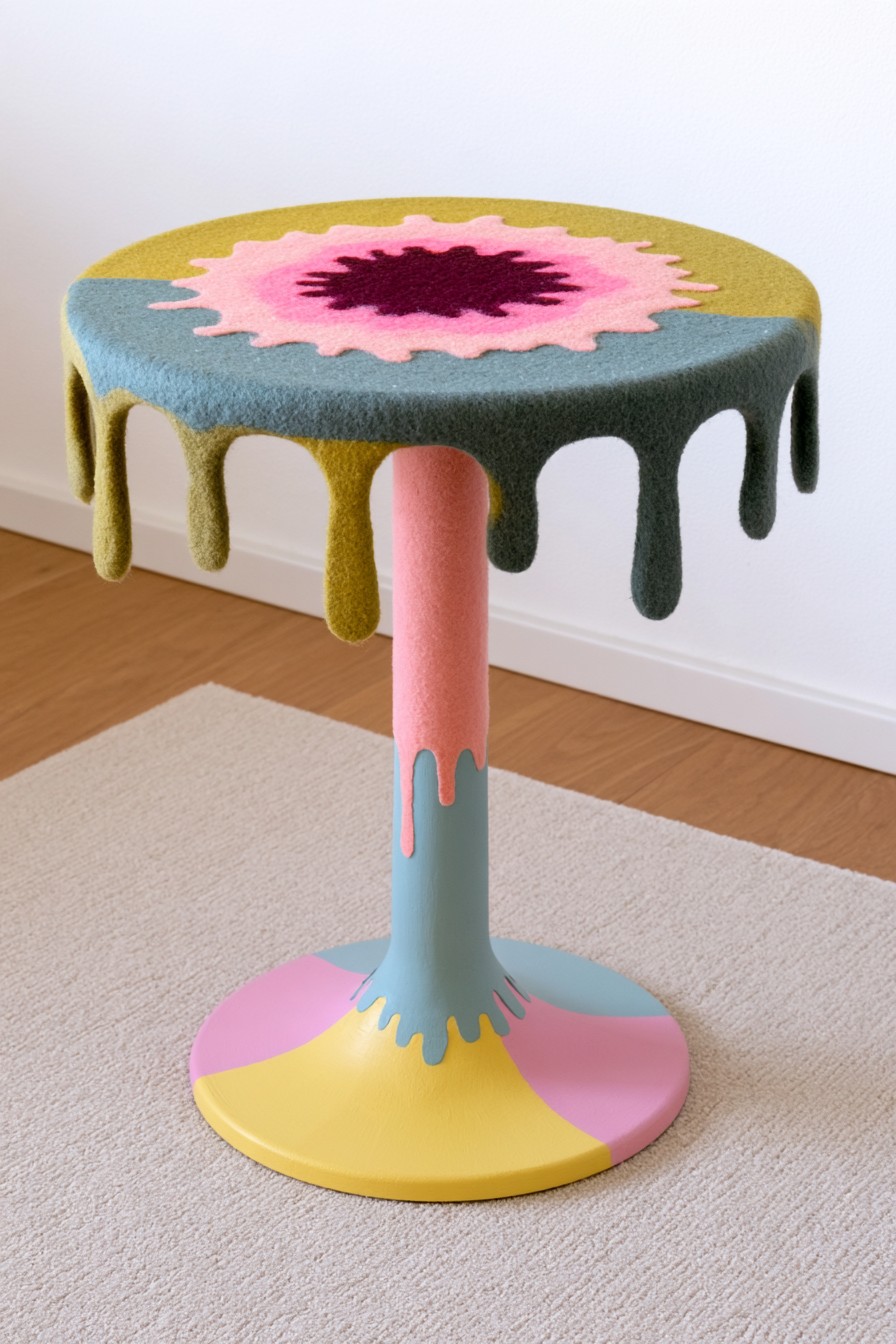 Pedestal table painted with mustard blue pink and burgundy drip shapes