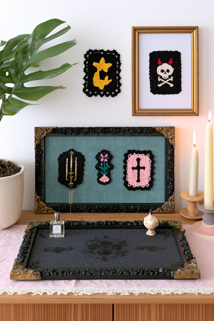 Black cat, skull, floral, and cross textile motifs displayed with black and gold frames above a decorative tray