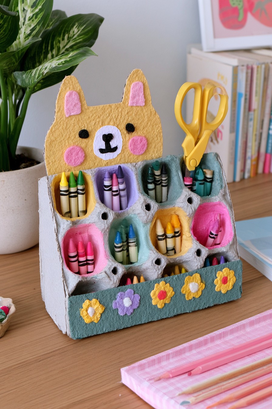 Colorful recycled egg carton organizer holding crayons and lightweight craft supplies