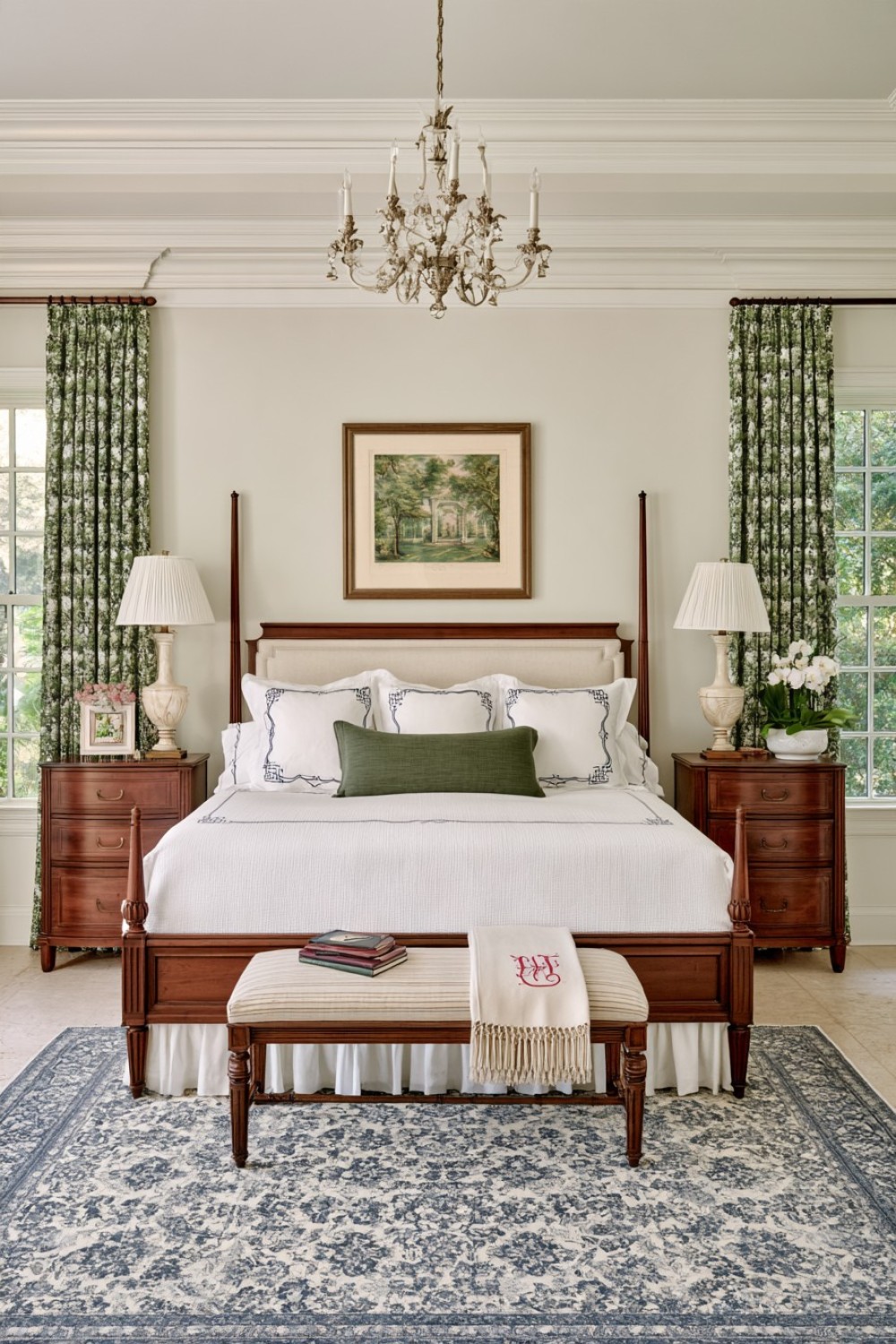 Monogrammed linens adding a personalized traditional bedroom detail