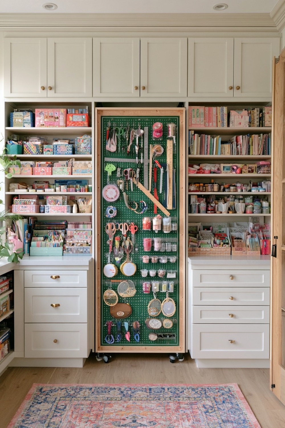 1. Pull Out Pegboard Hidden Between Shelves