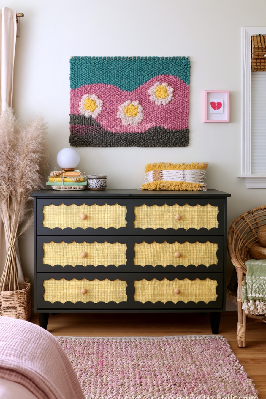 Fabric inset drawer fronts with scalloped edging