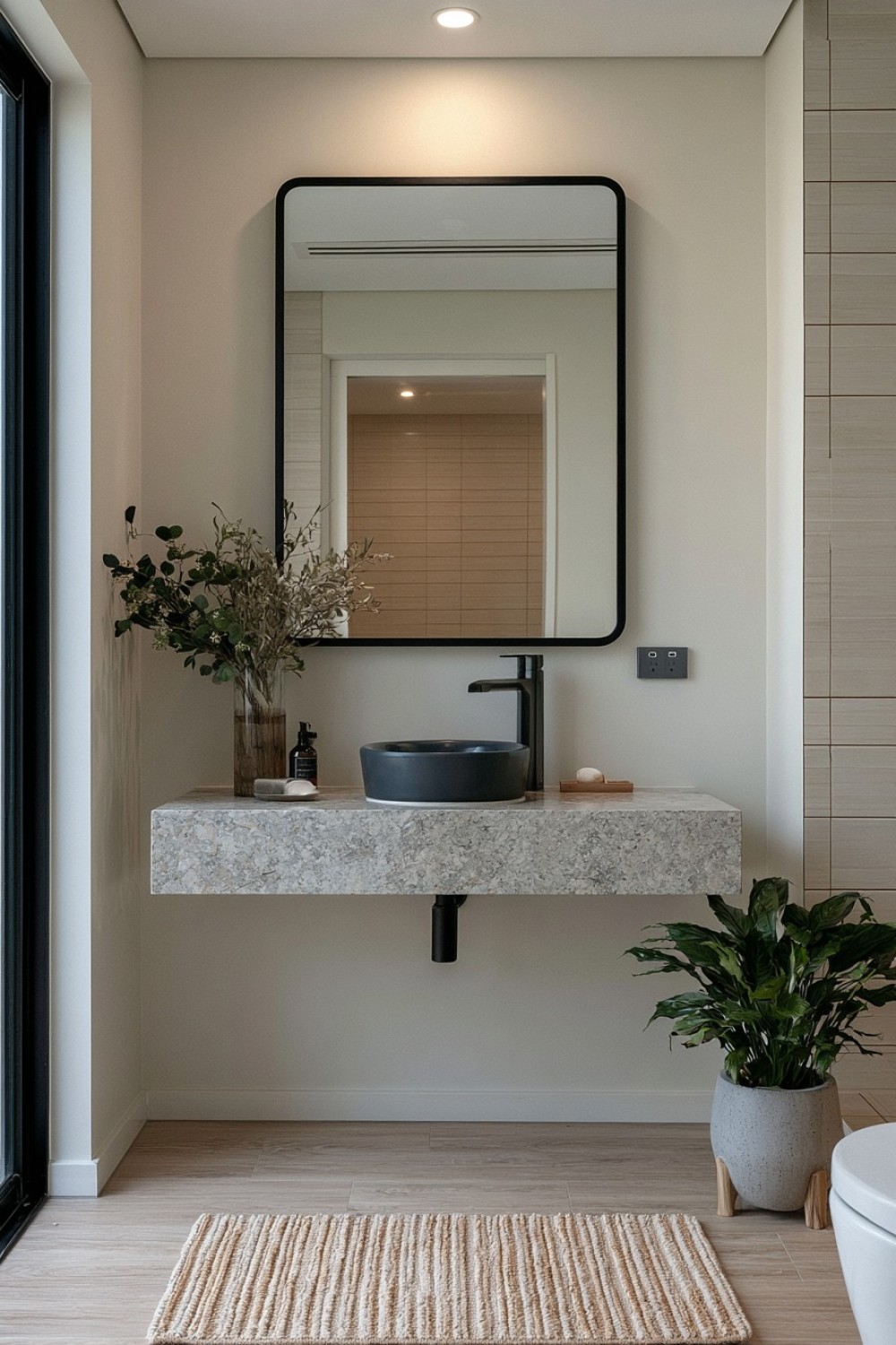 Small bathroom with a floating stone sink shelf