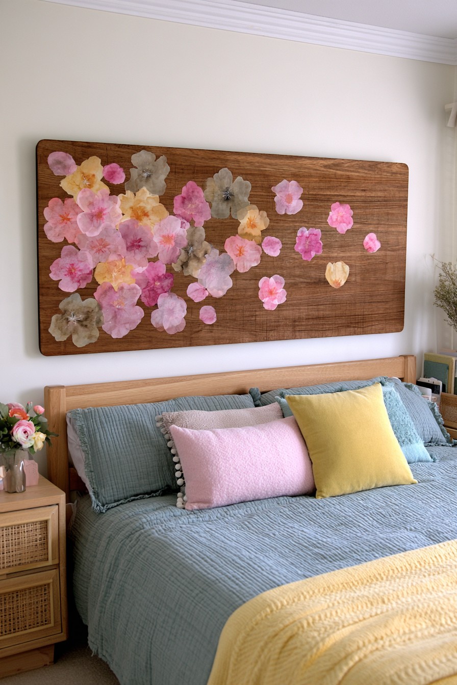 Floral wooden wall panel hanging above a separate timber bed headboard