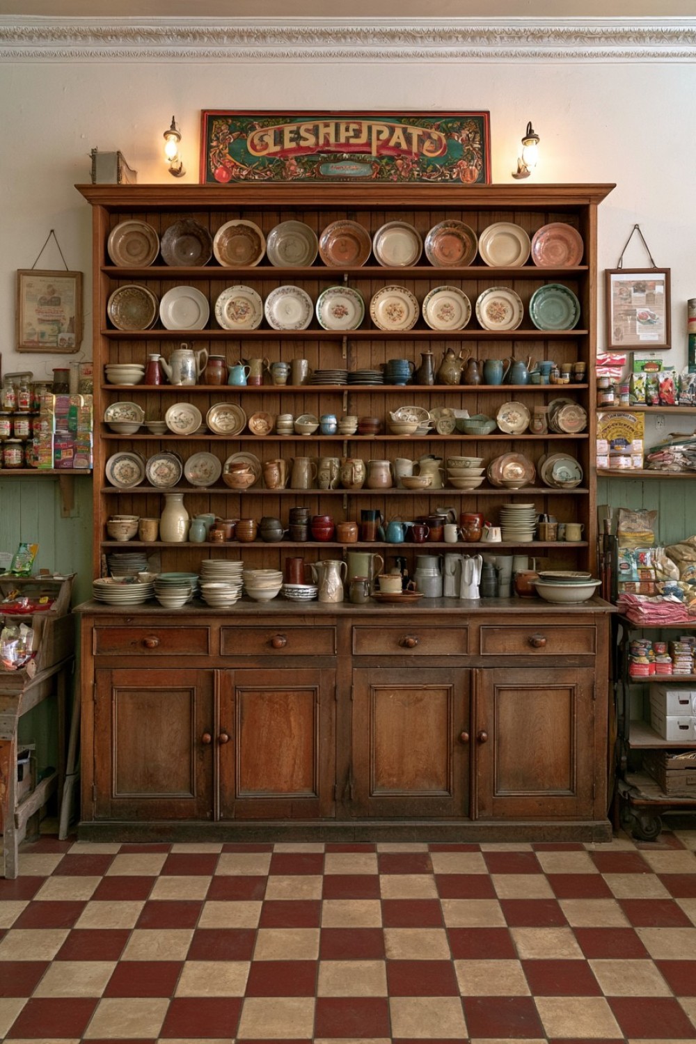 Country general store wall with open racks displaying plates