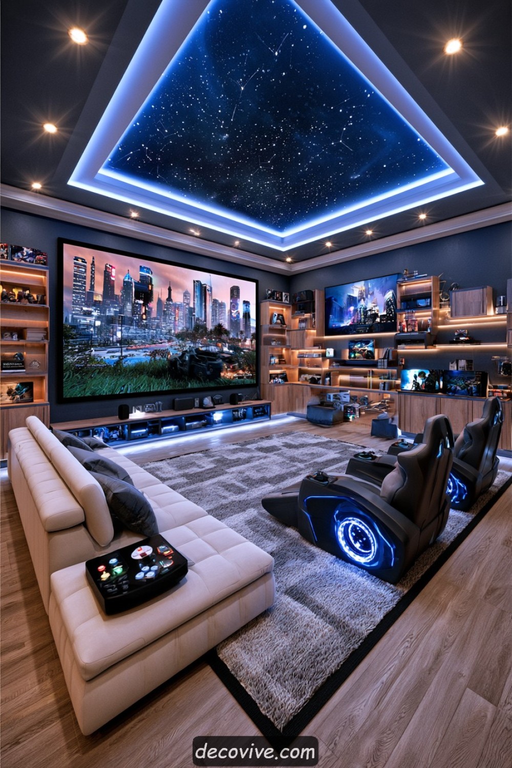 Long narrow room arranged as a console gaming theater