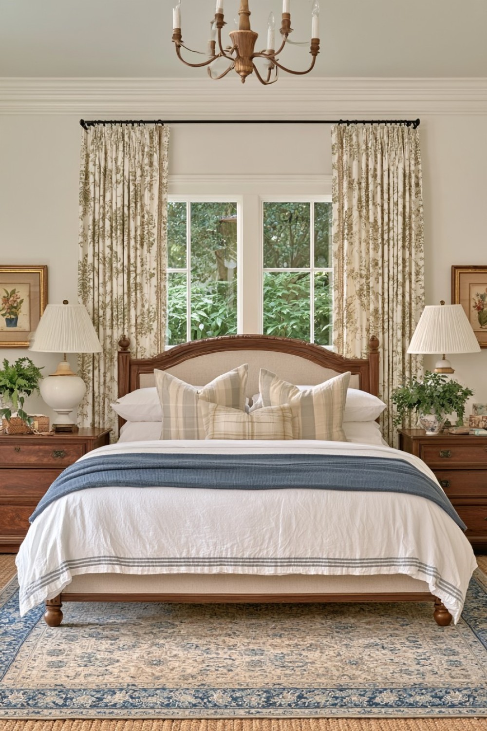 Full-length patterned drapery in a Southern traditional bedroom