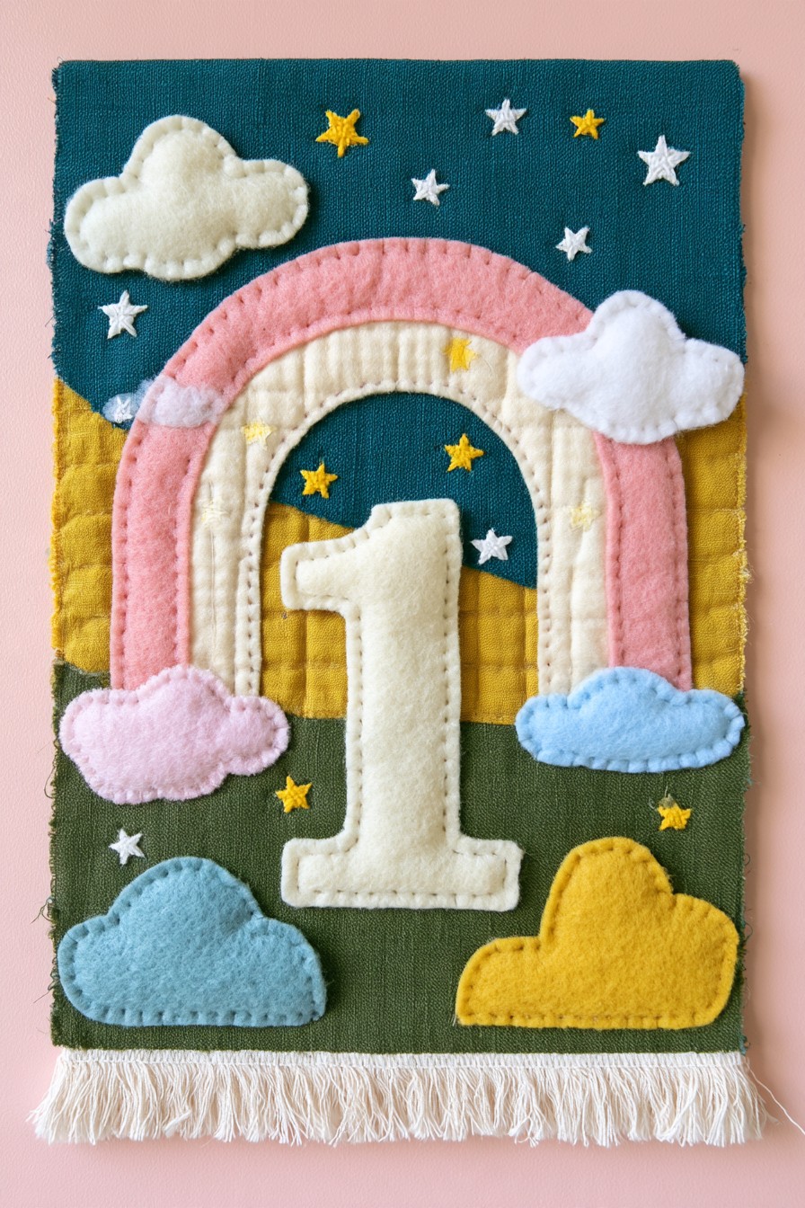 Rainbow number one first birthday wall hanging