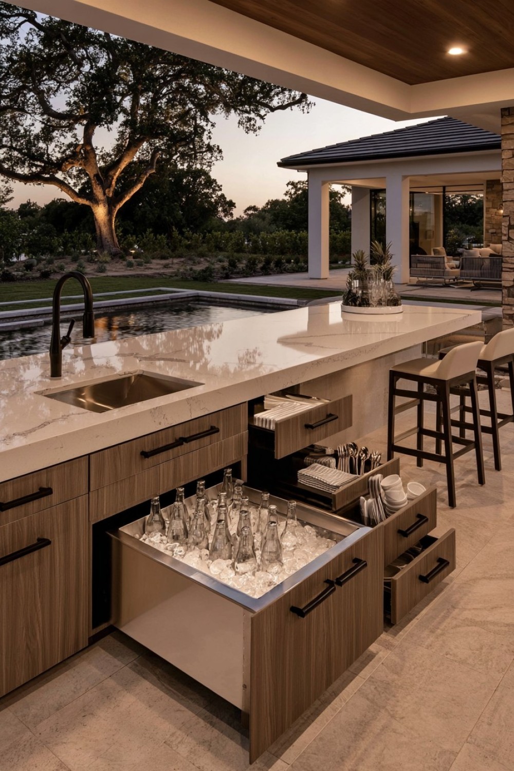 Built-in ice drawer incorporated into an outdoor entertaining counter
