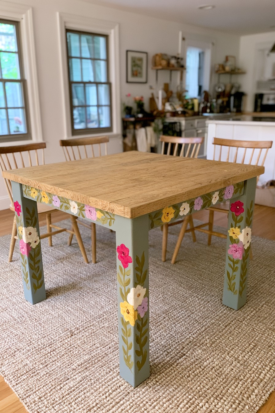 Dining table with natural wood top and blue gray floral painted legs