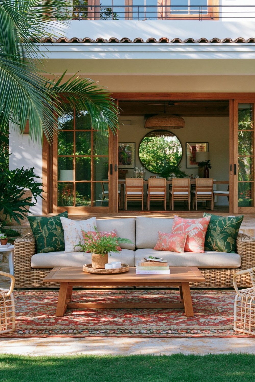 Durable patio furniture combining outdoor timber and woven materials