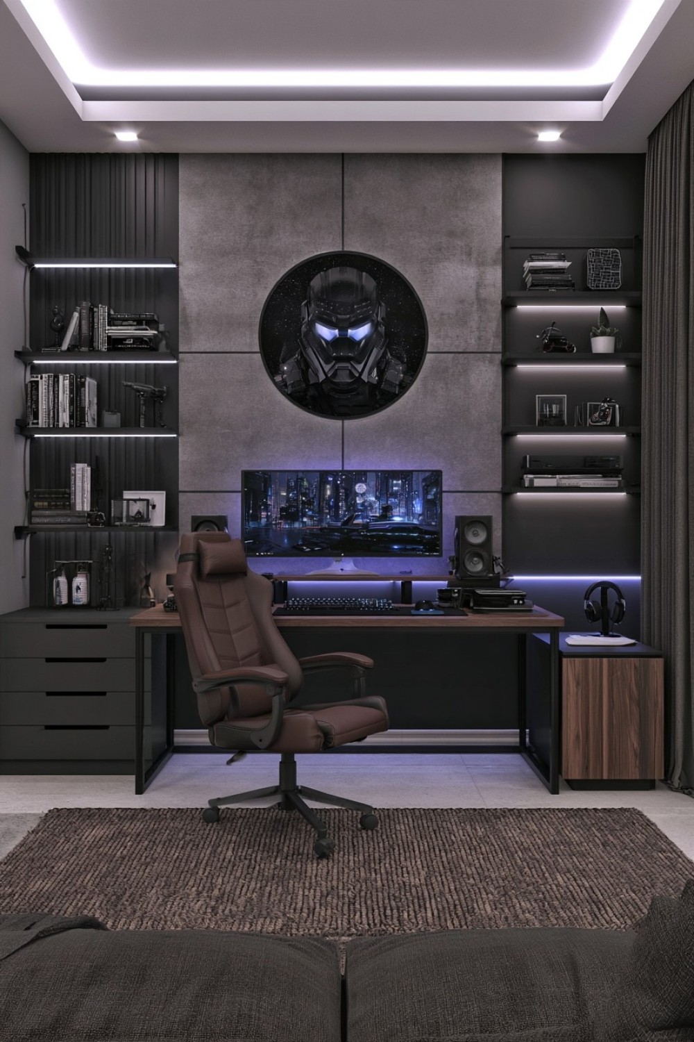 7. Concrete, Matte Black, And Warm Wood Gaming Room