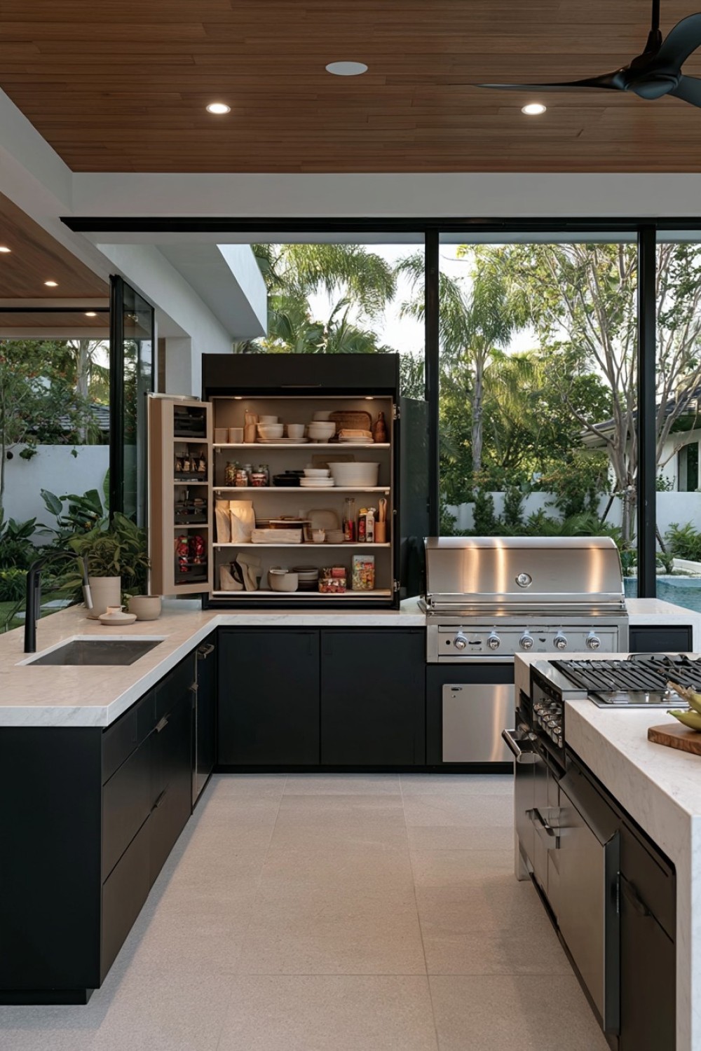 Weather-resistant pantry cabinet built into an outdoor kitchen