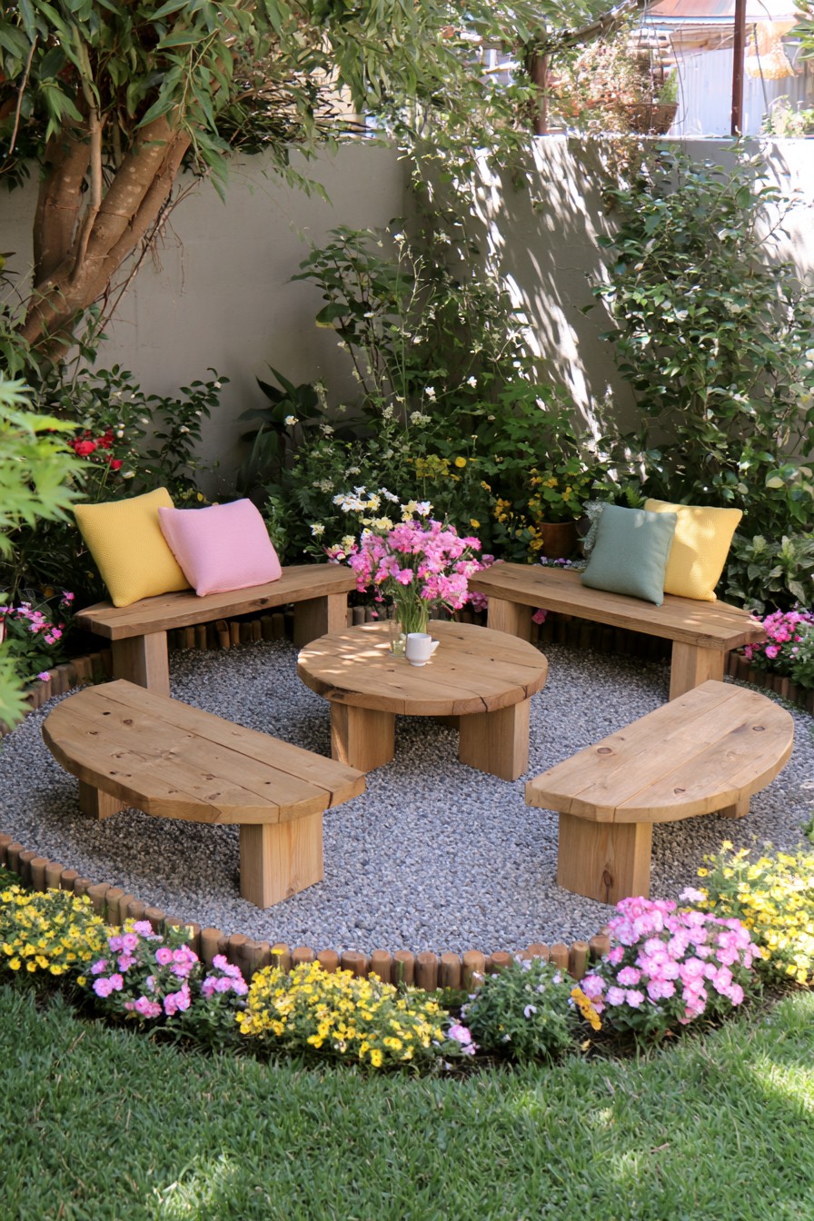 Circular backyard conversation area formed by wooden benches