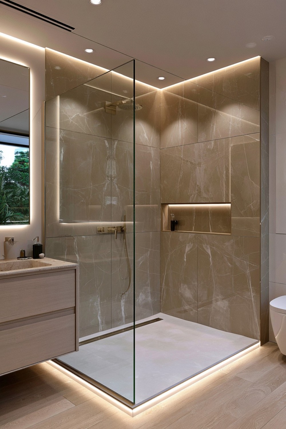 Contemporary shower wrapped in large-format porcelain panels