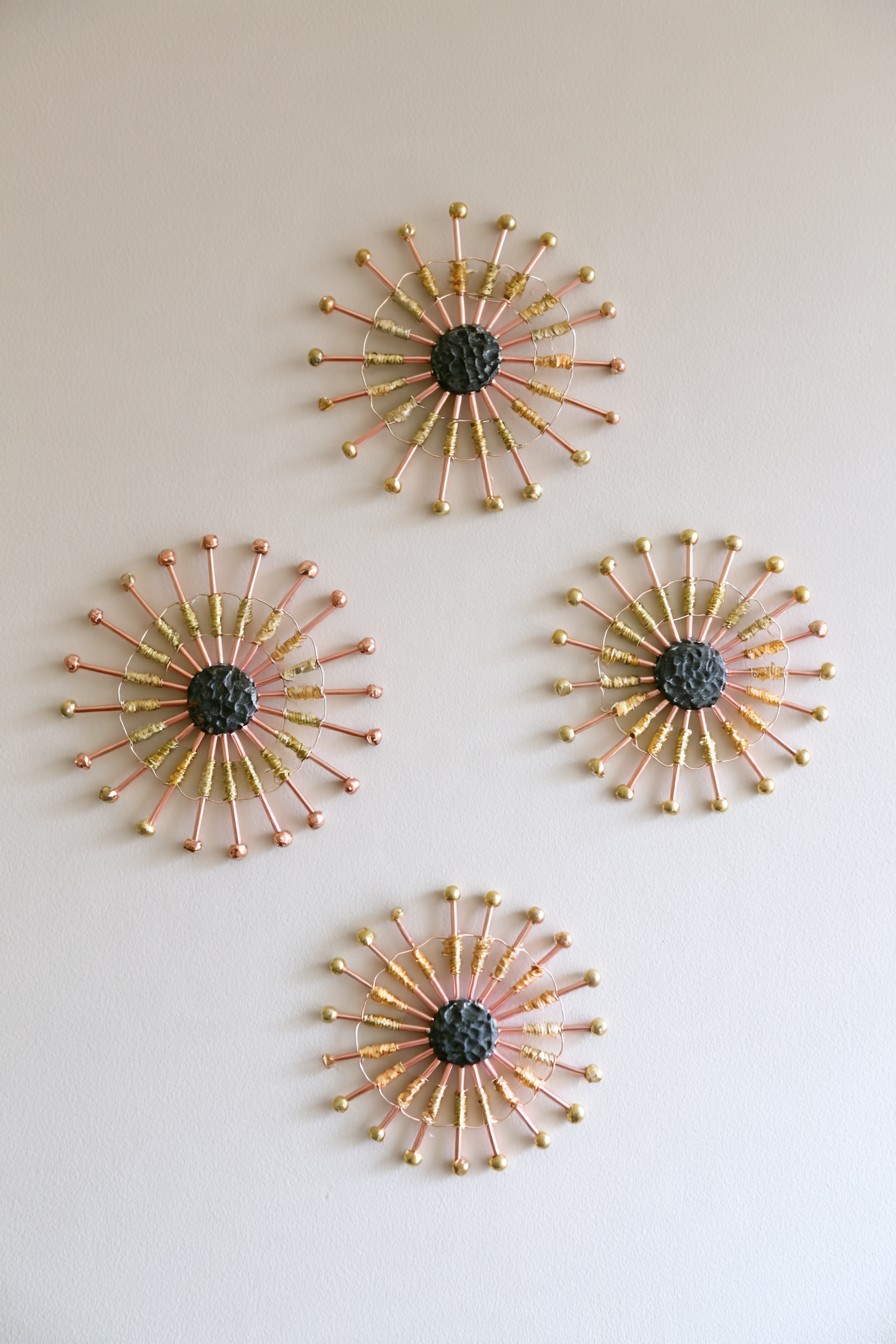 Sunburst copper wire wall medallions with beads and wrapped details