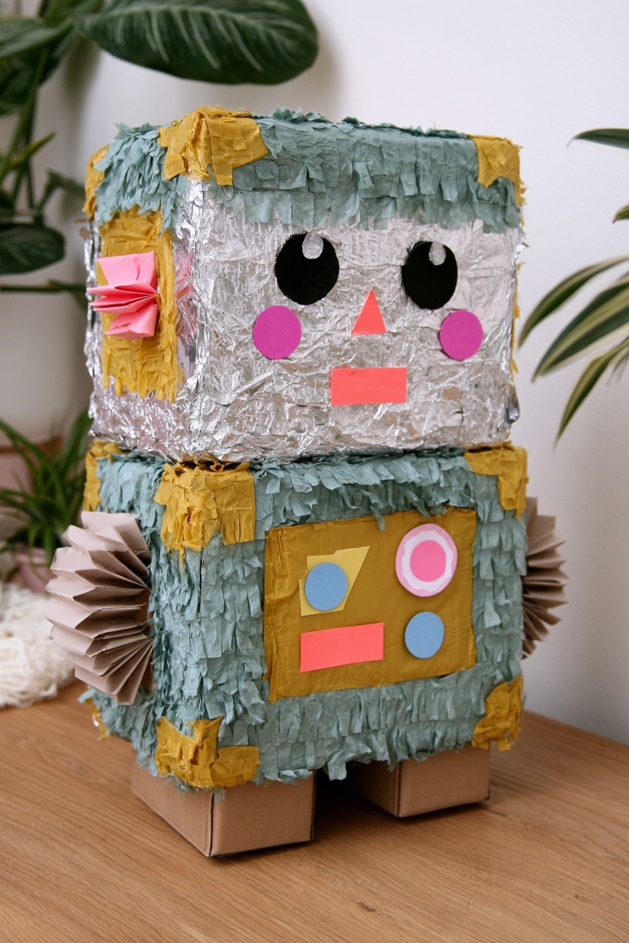 Friendly robot piñata with teal fringe and metallic paper details
