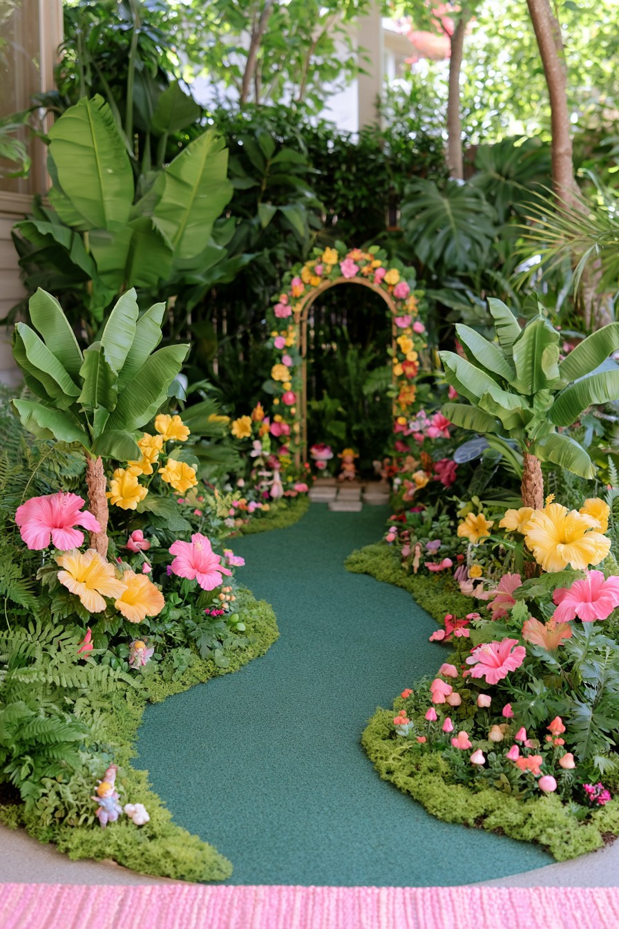 Flower covered garden arch above a winding tropical pathway