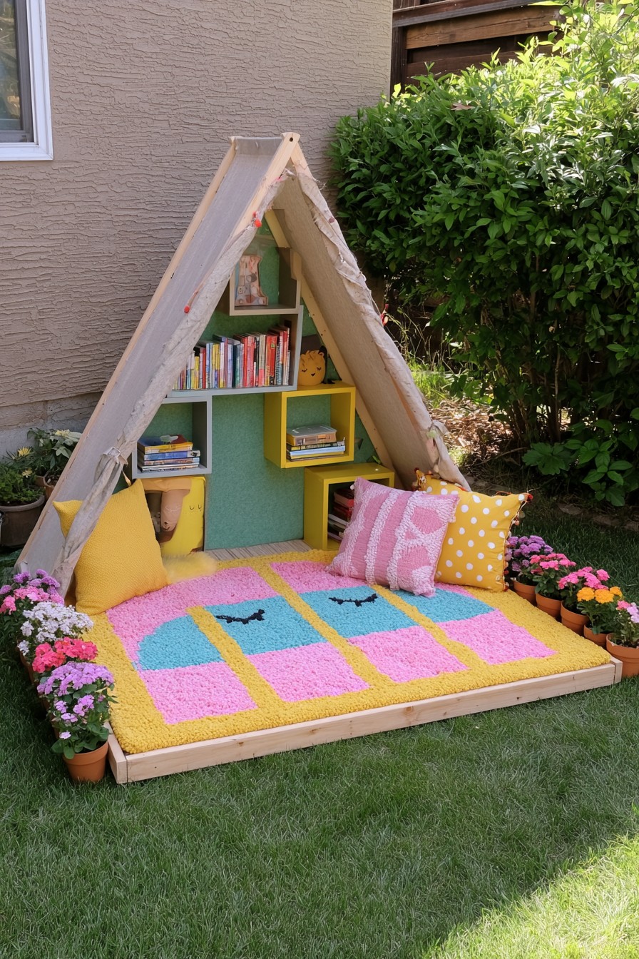 Timber A-frame reading nook with a fabric cover, rear bookshelves, and colorful cushions