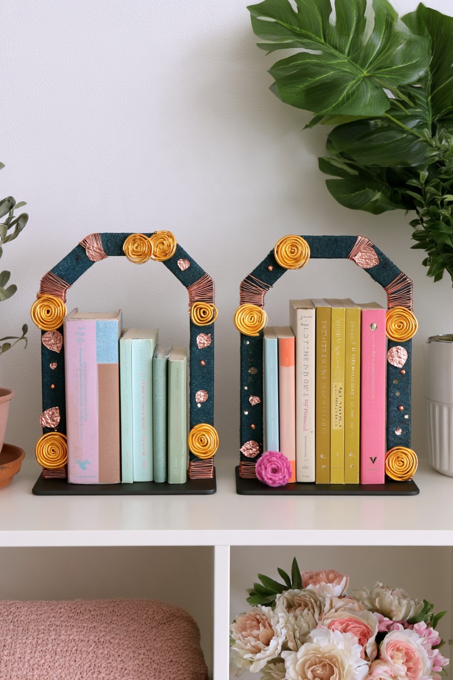 Decorative wire wrapped bookends with copper metal roses