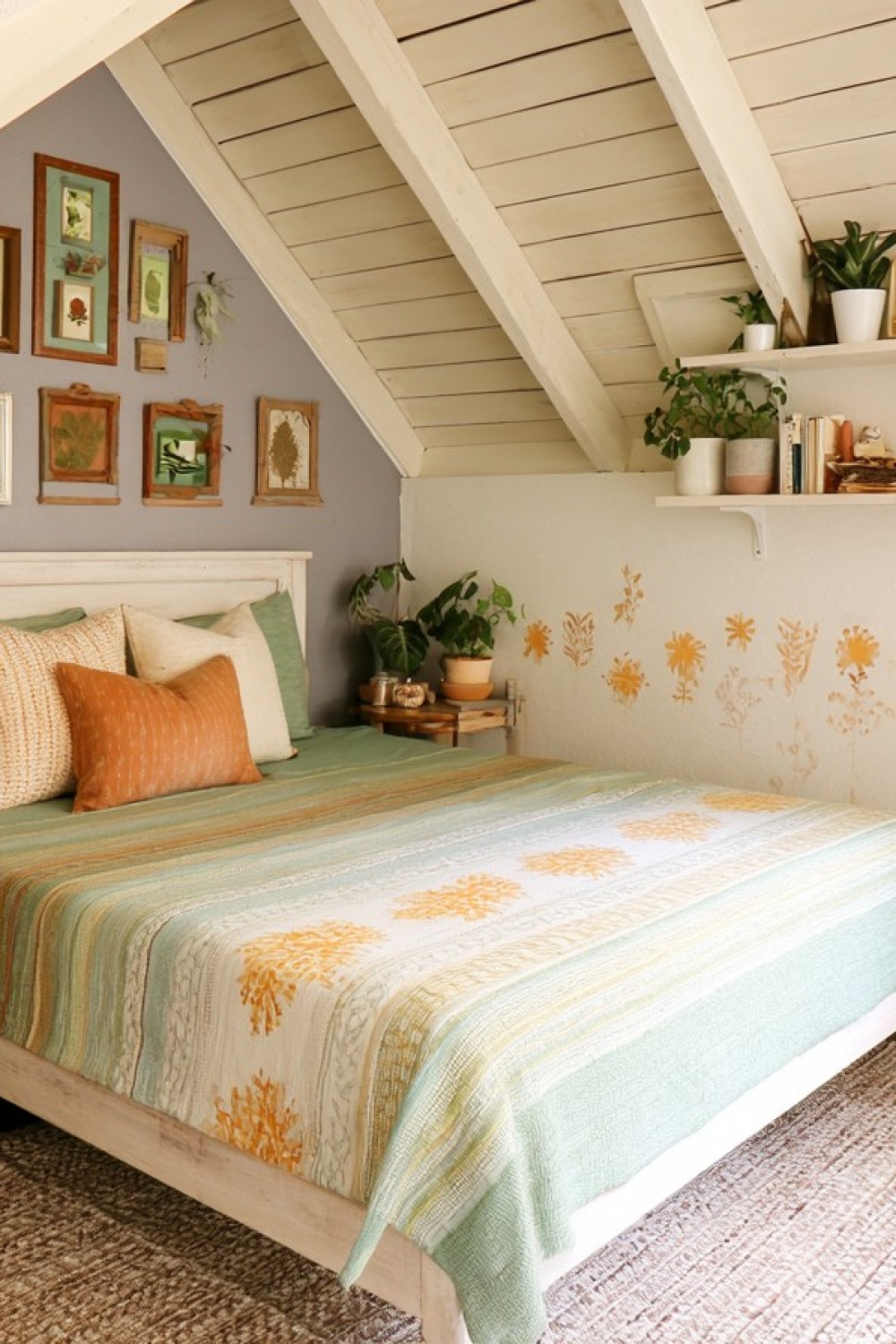 Botanical attic bedroom with greenery and nature-inspired textiles