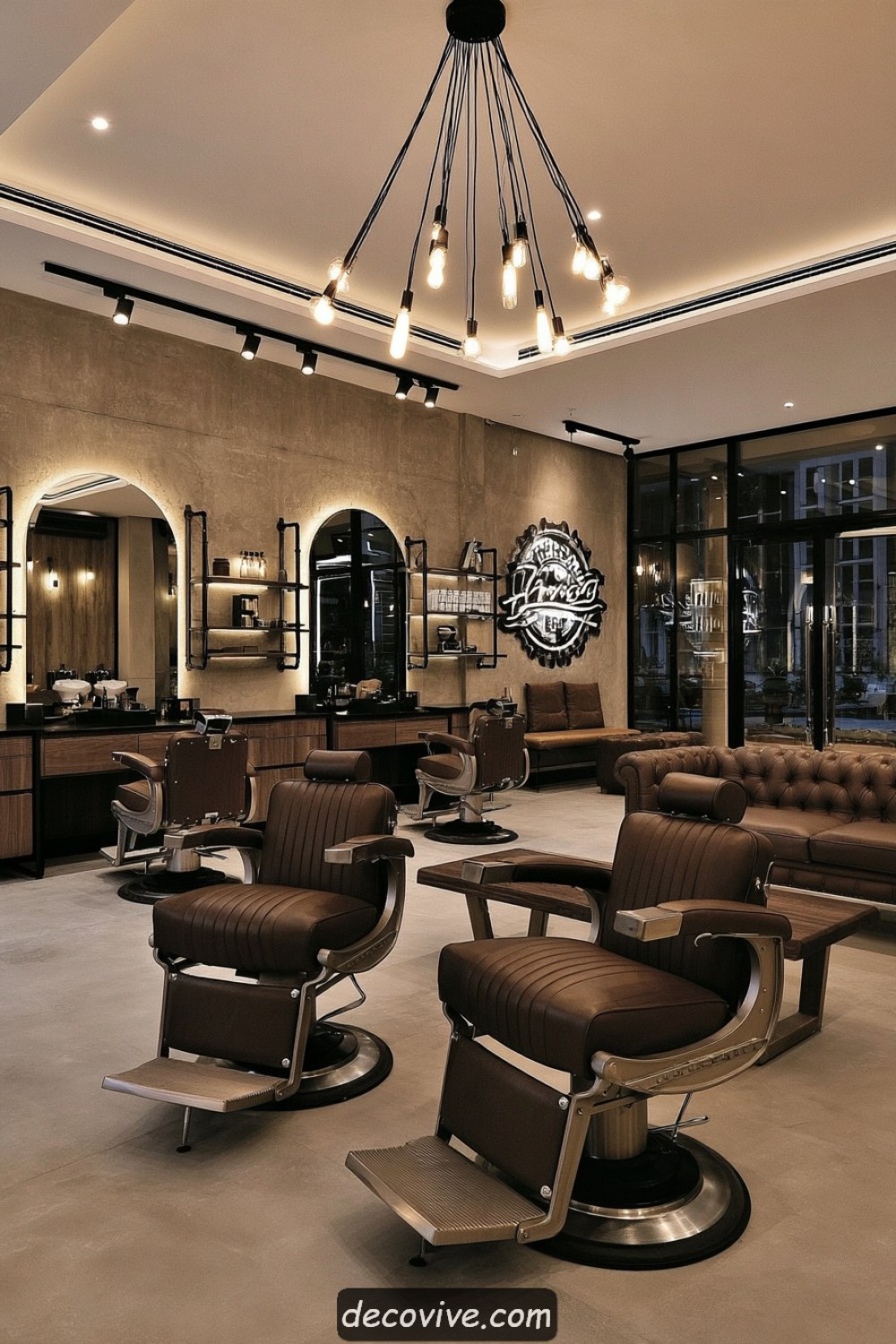 Barber studio with soft concrete finishes and cognac leather seating