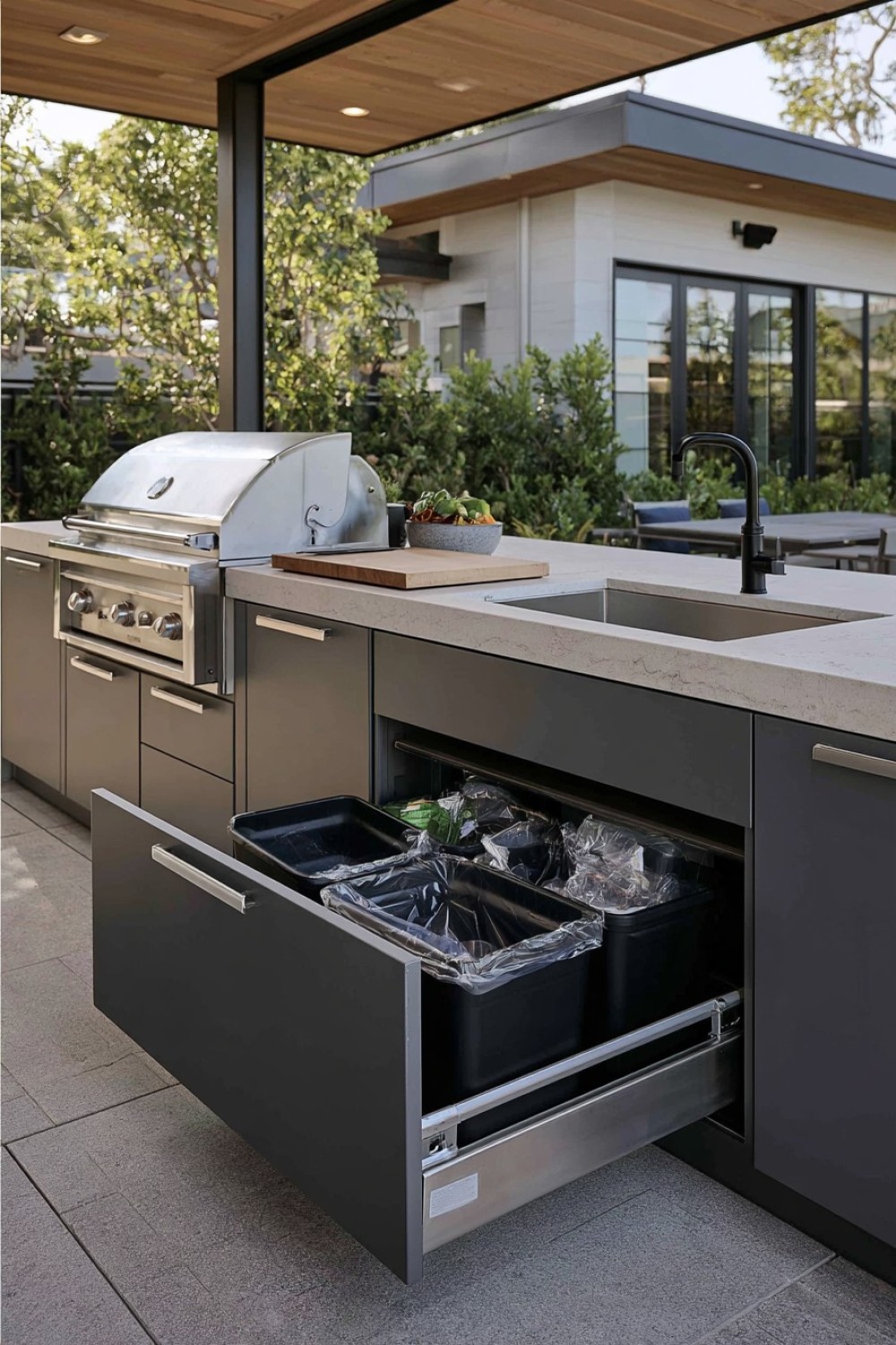 Outdoor kitchen waste and recycling hidden in weather-resistant drawers