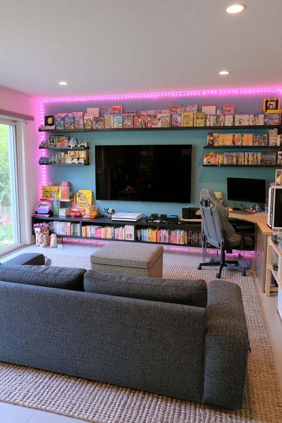 Teal television wall with long shelves of games, a side window, compact PC desk, charcoal sofa, and gray ottoman