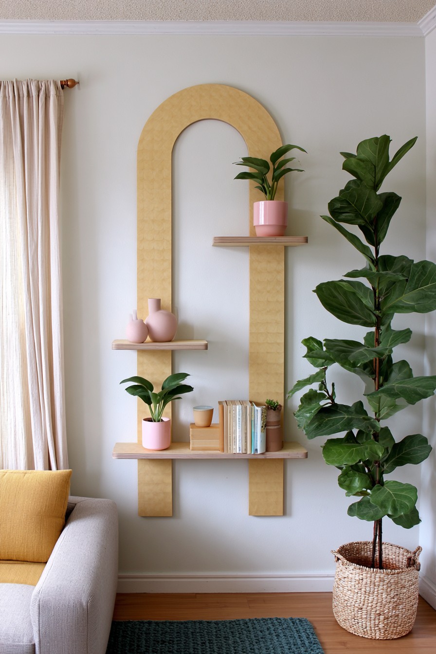 Tall arched wooden wall display with staggered shelves