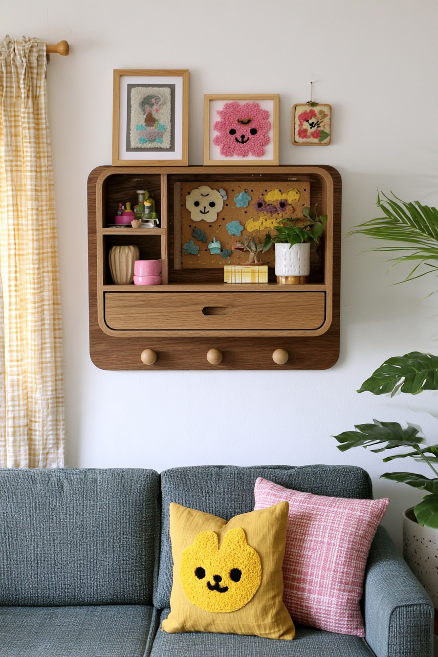 Wall mounted wooden organizer with pegboard and drawer storage