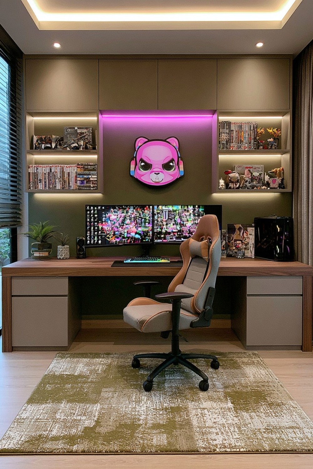 Moody green adult gaming room designed as a refined study